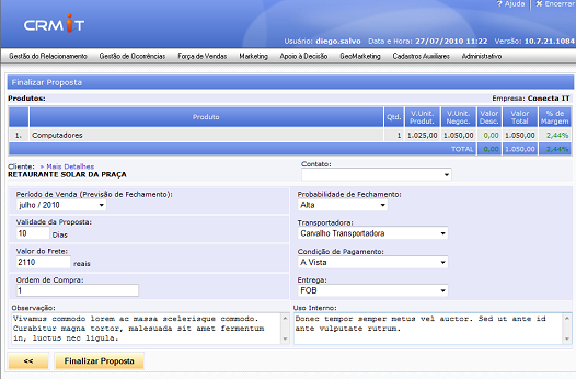 CRM IT - Envio de propostas: Forma de entrega e Condição de pagamento